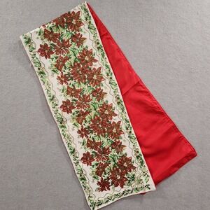 Christmas Tapestry Table Runner Poinsettia Holly Berries 70" x 13" Gold Filament
